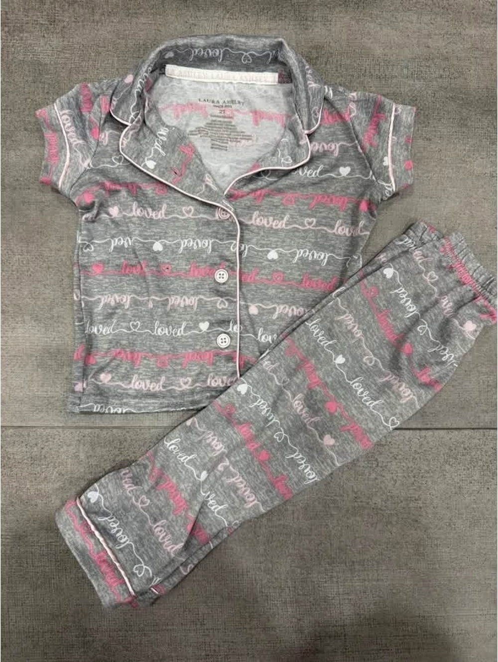 2t • Laura Ashley Girls Pajama Set Gray Pink Hearts Loved Button Up PJs